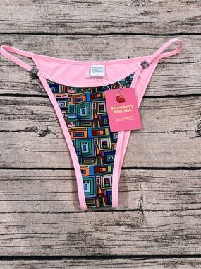NWT Strawberry Milk Mob Pink Geometric Bikini Bottoms with Gem Accents Size LG